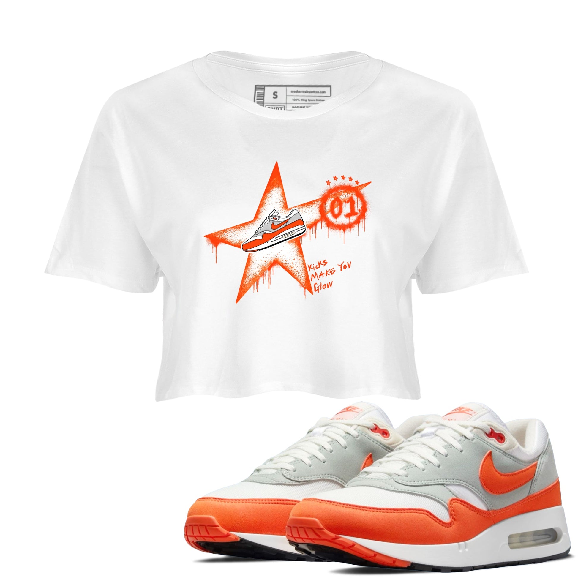Air Max 1 OG '86 'Summit White and Cosmic Clay shirts to match jordans Kicks Make You Glow sneaker match tees Air Max 1 Cosmic Clay match shoes to clothes SNRT Sneaker Tees unisex cotton White 1 crop tee