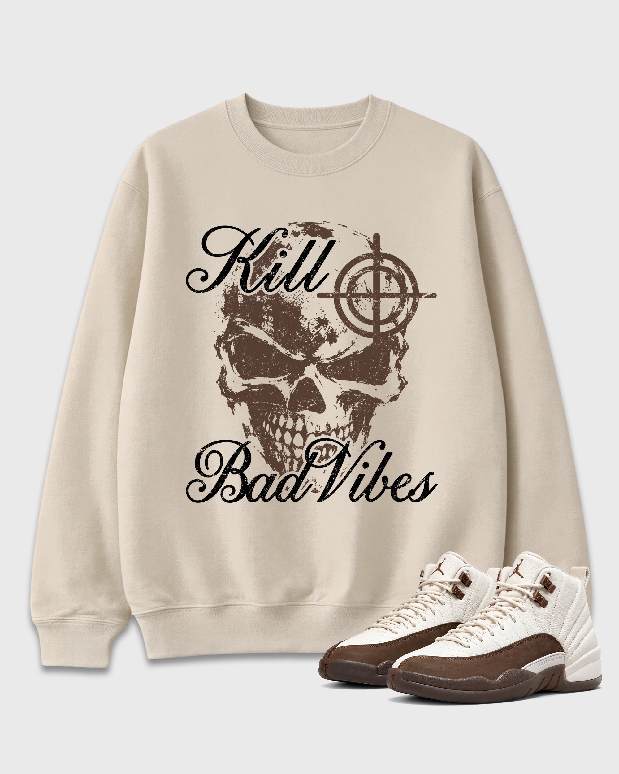Kill Bad Vibes Graphic T-Shirt featuring original streetwear artwork designed to match the Air Jordan 12 Fireside. Natural 1 Graphic Tee.