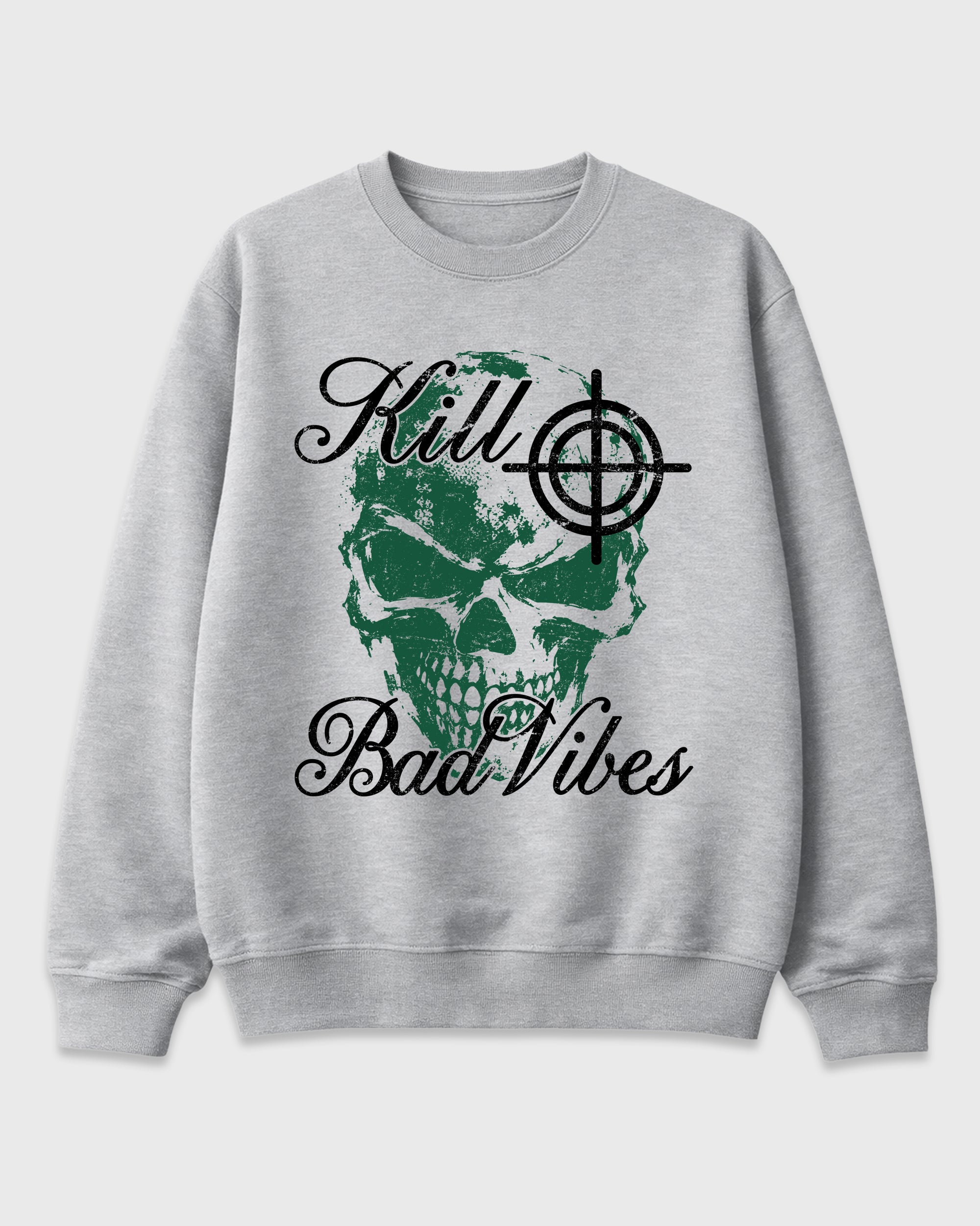 Kill Bad Vibes Graphic T-Shirt featuring original streetwear artwork designed to match the Air Jordan 14 Forest Green. Heather Grey 2 Graphic Tee.
