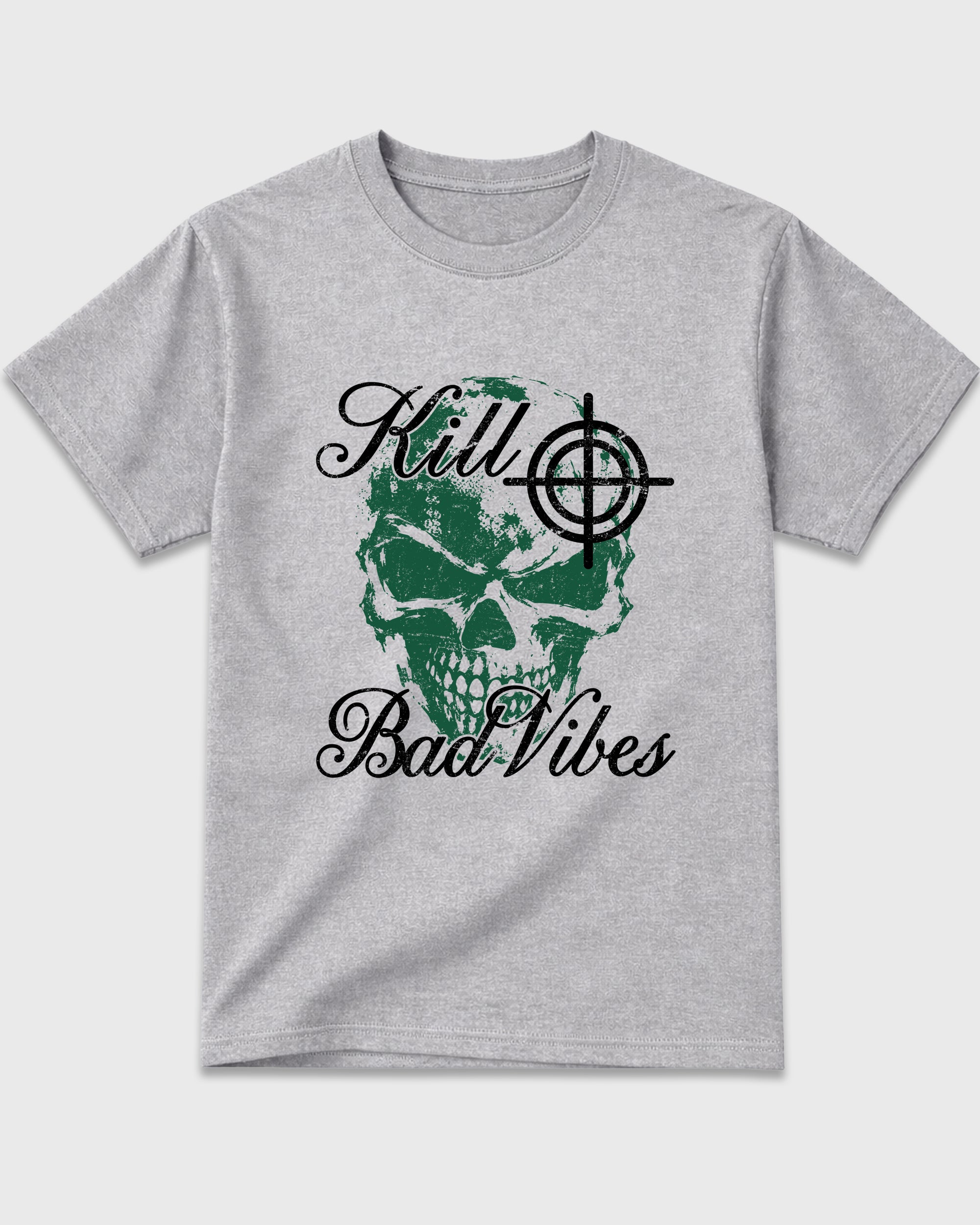 Kill Bad Vibes Graphic T-Shirt featuring original streetwear artwork designed to match the Air Jordan 14 Forest Green. Heather Grey 2 Graphic T-Shirt.