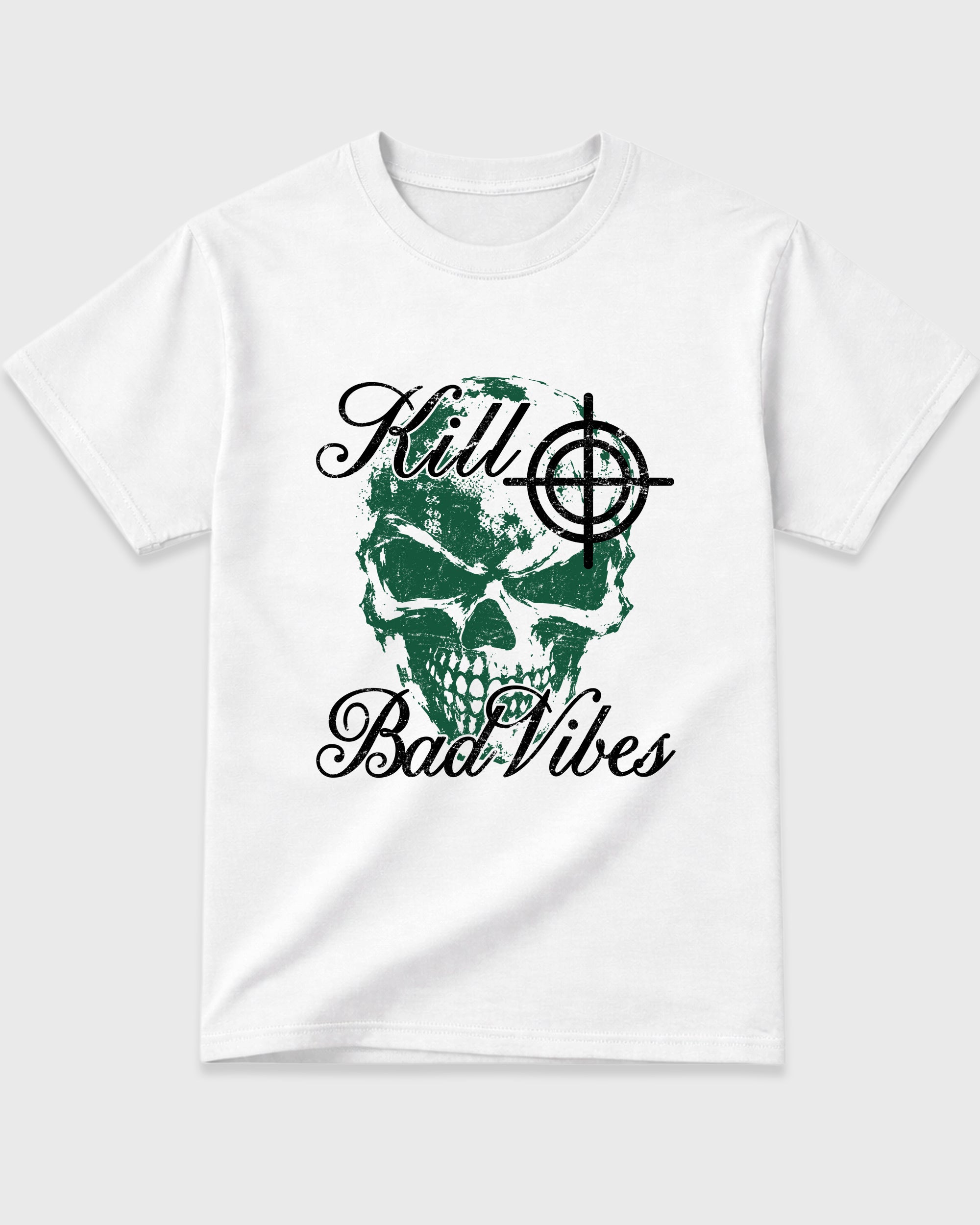 Kill Bad Vibes Graphic T-Shirt featuring original streetwear artwork designed to match the Air Jordan 14 Forest Green. White 2 Graphic T-Shirt.