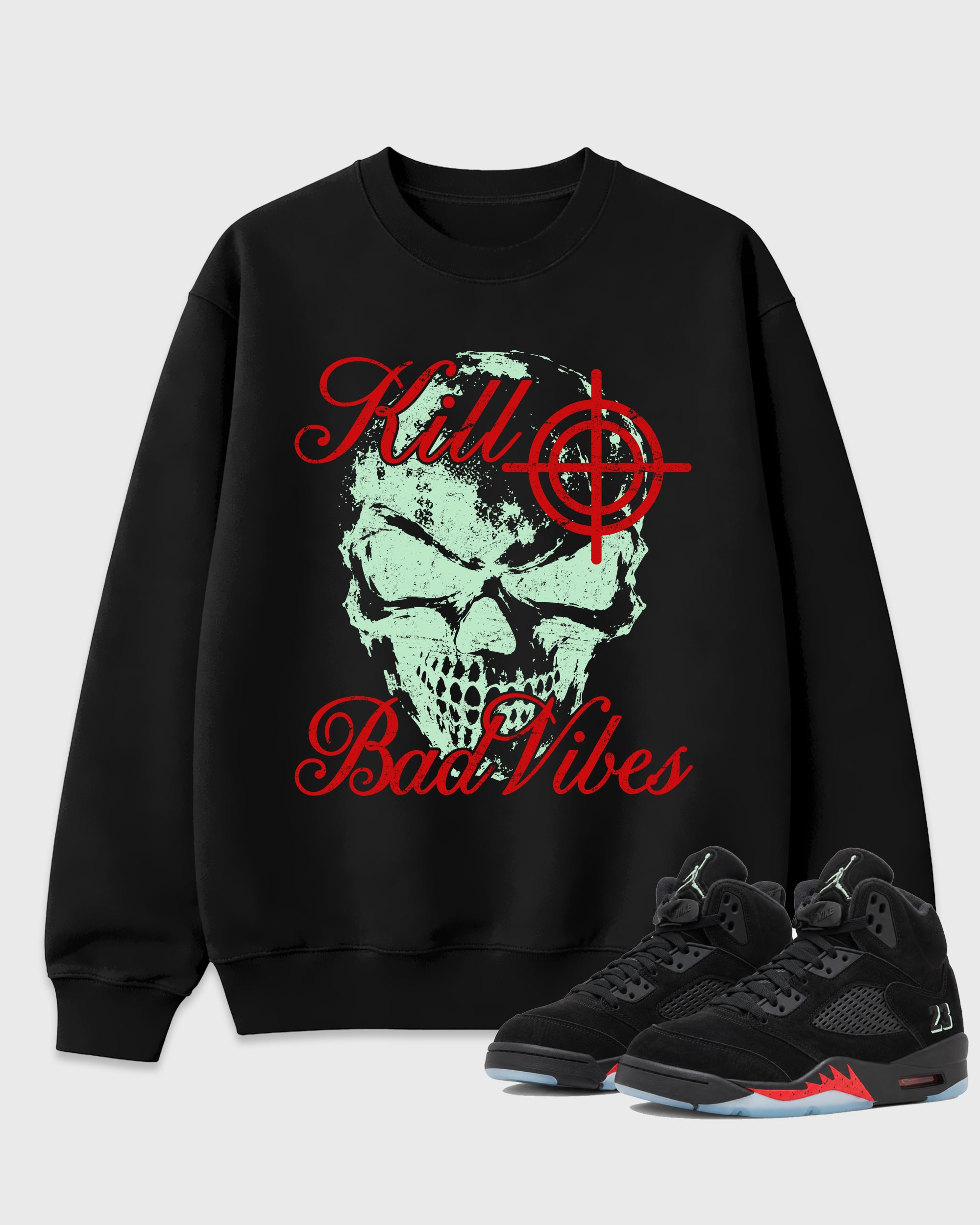 Kill Bad Vibes Graphic T-Shirt featuring original streetwear artwork designed to match the Air Jordan 5 Halloween. Black 1 Graphic Tee.