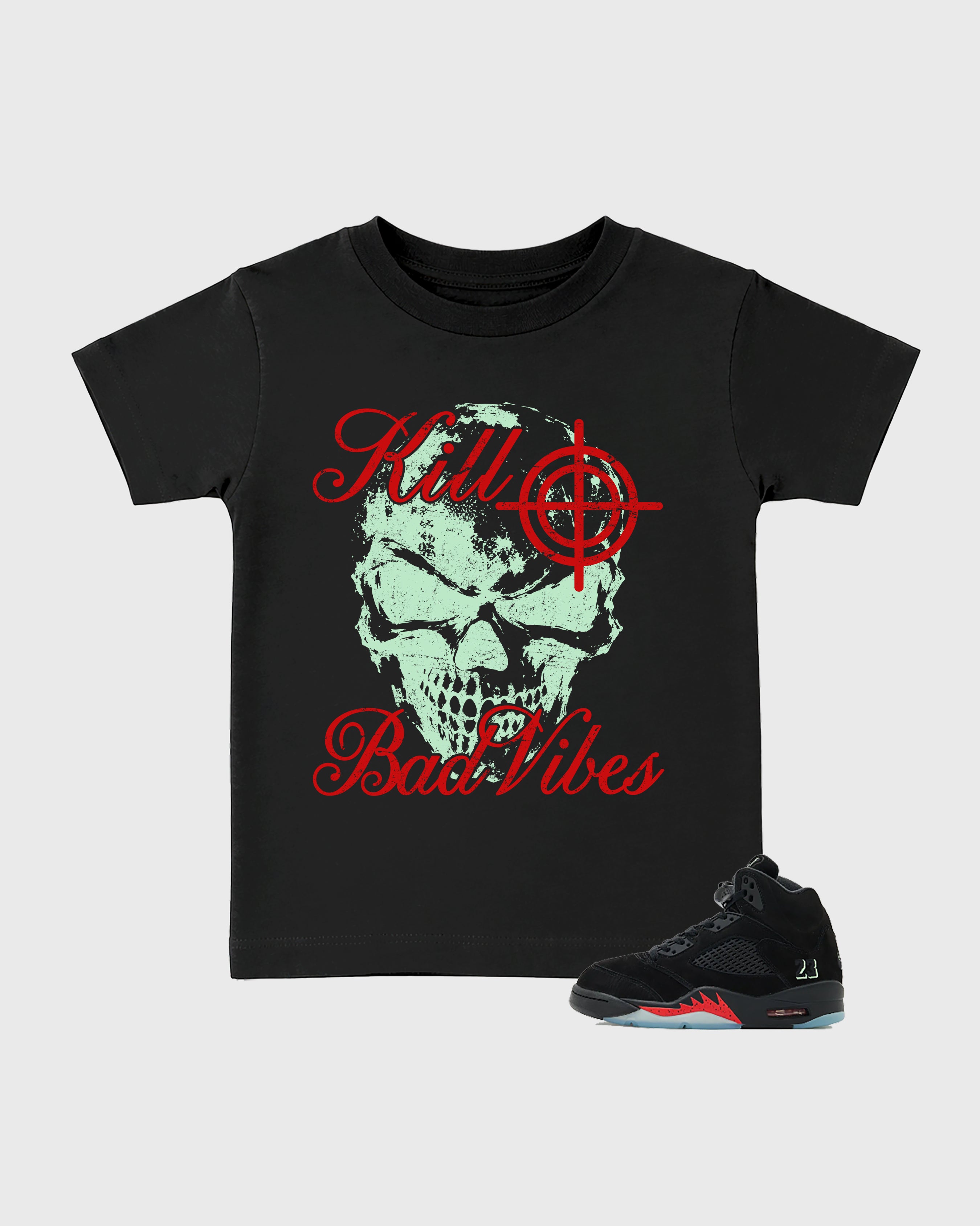 Kill Bad Vibes Baby & Kids Graphic T-Shirt featuring original artwork designed to match the Air Jordan 5 Halloween. Black 1 Kids Graphic Tee.