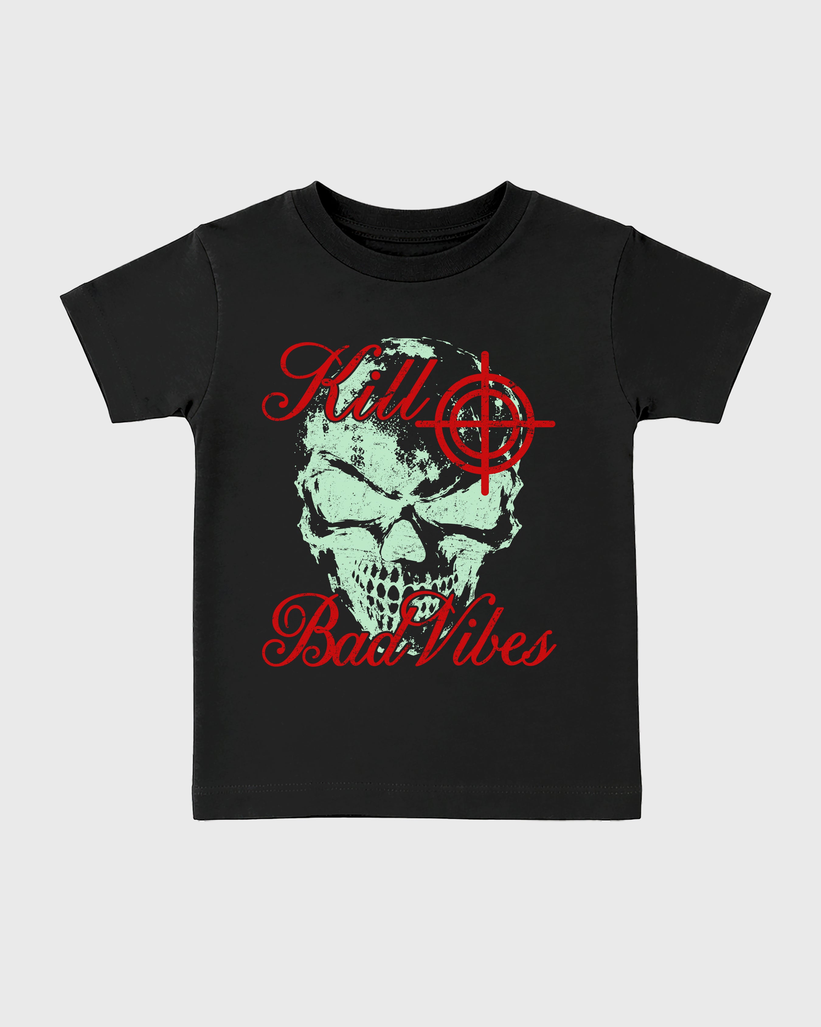 Kill Bad Vibes Baby & Kids Graphic T-Shirt featuring original artwork designed to match the Air Jordan 5 Halloween. Black 2 Kids Graphic Tee.