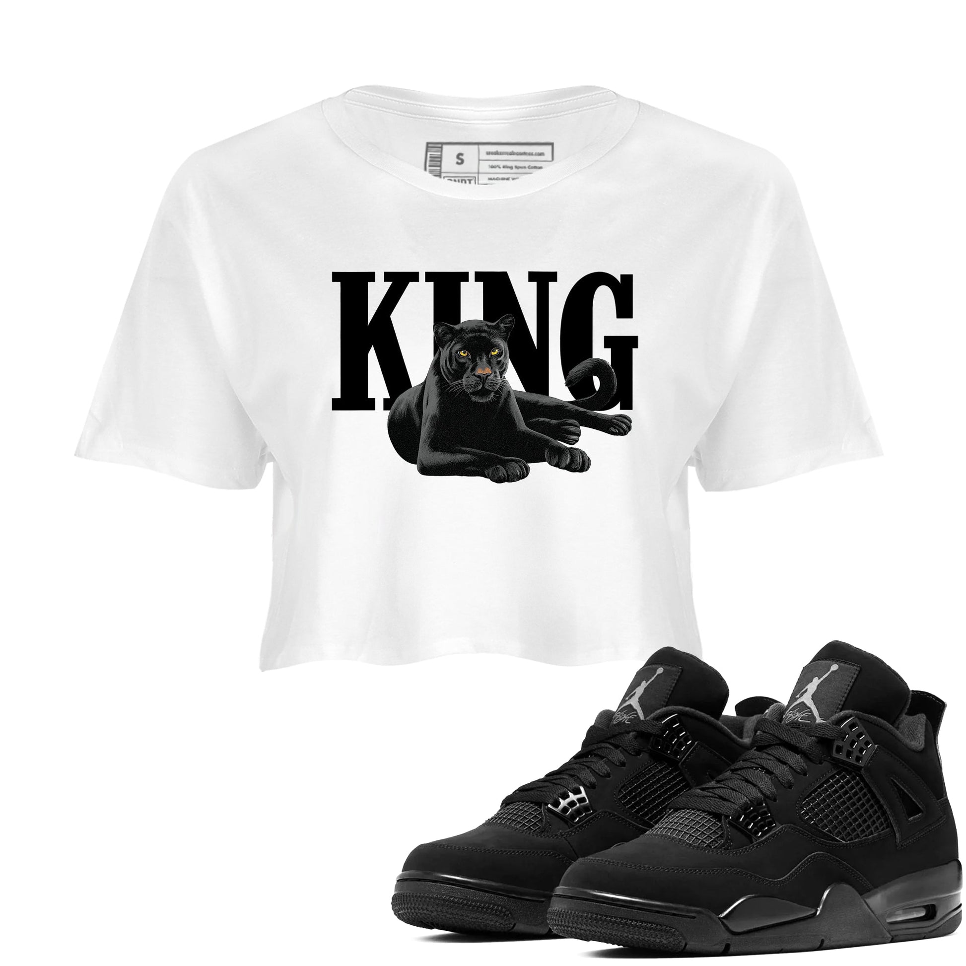 Sneaker match tees – Sneaker Tees To Match Air Jordan 4 Black Cat Shoes – King Black Cat 2 Crop T-Shirt White 1