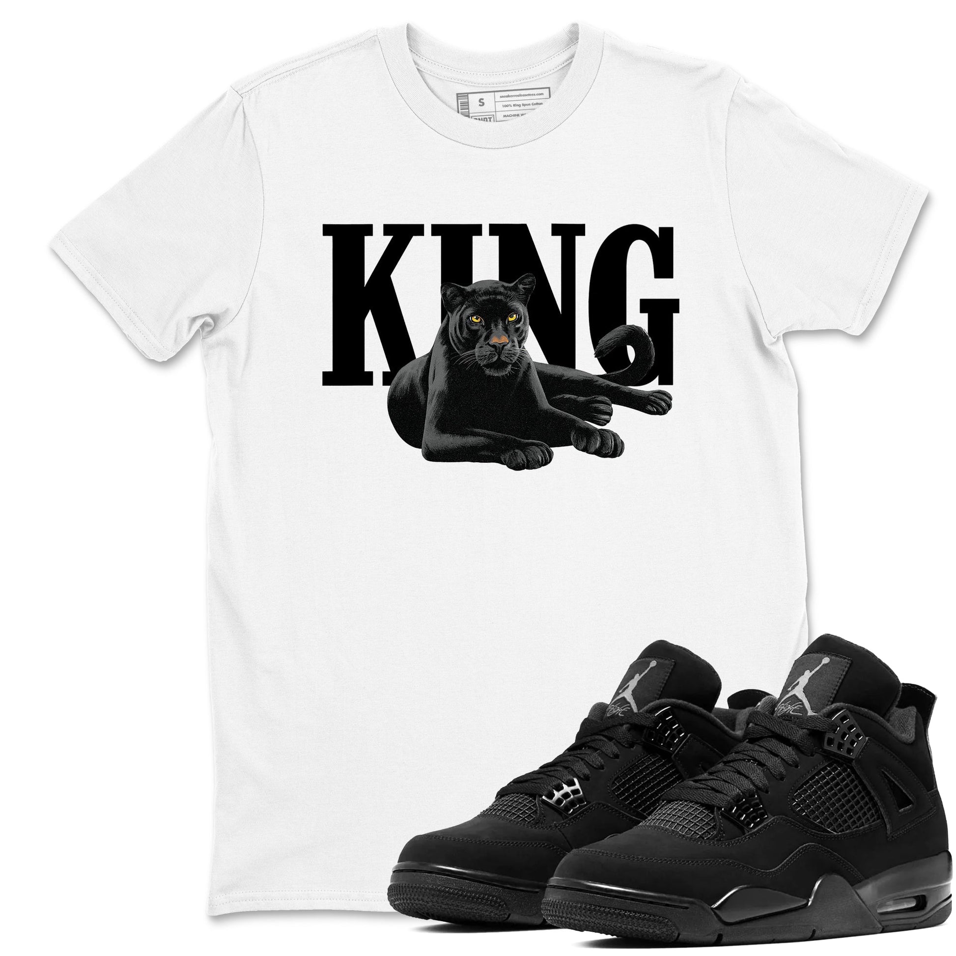 Sneaker match tees – Sneaker Tees To Match Air Jordan 4 Black Cat Shoes – King Black Cat 2 Tee White 1