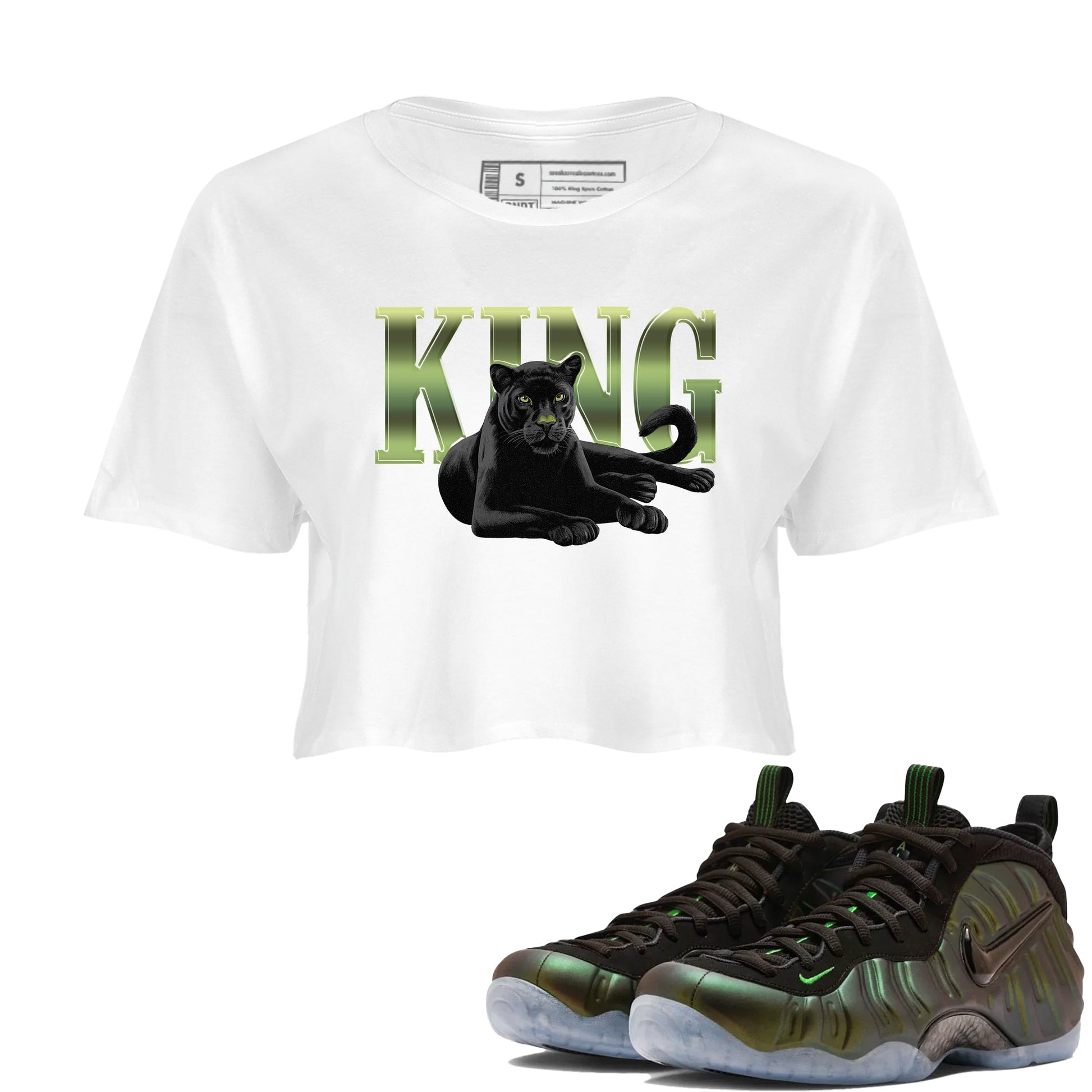 Sneaker match tees – Sneaker Tees To Match Air Foamposite One Pine Green Shoes – King Black Cat Crop T-Shirt White 1