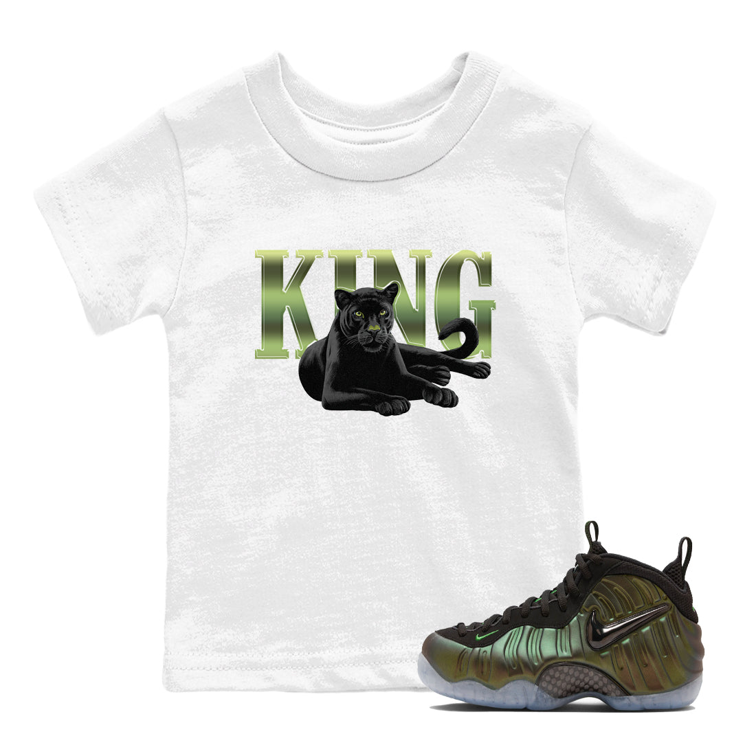 Sneaker match tees – Sneaker Tees To Match Air Foamposite One Pine Green Shoes – King Black Cat Kids T-Shirt White 1