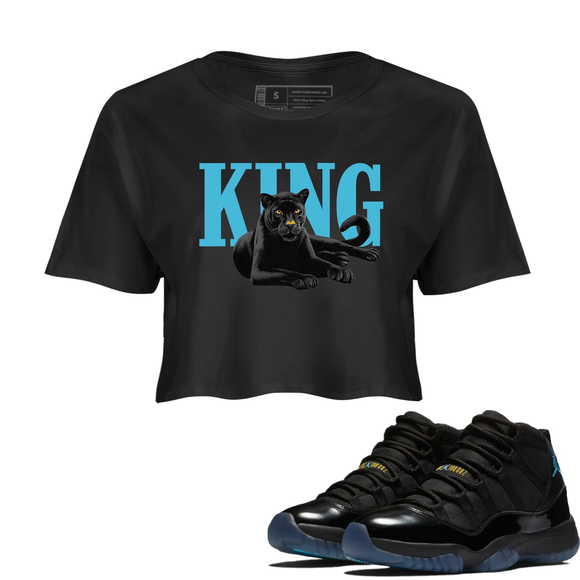 Sneaker match tees – Sneaker Tees To Match Air Jordan 11 Gamma Shoes – King Black Cat Crop T-Shirt Black 1