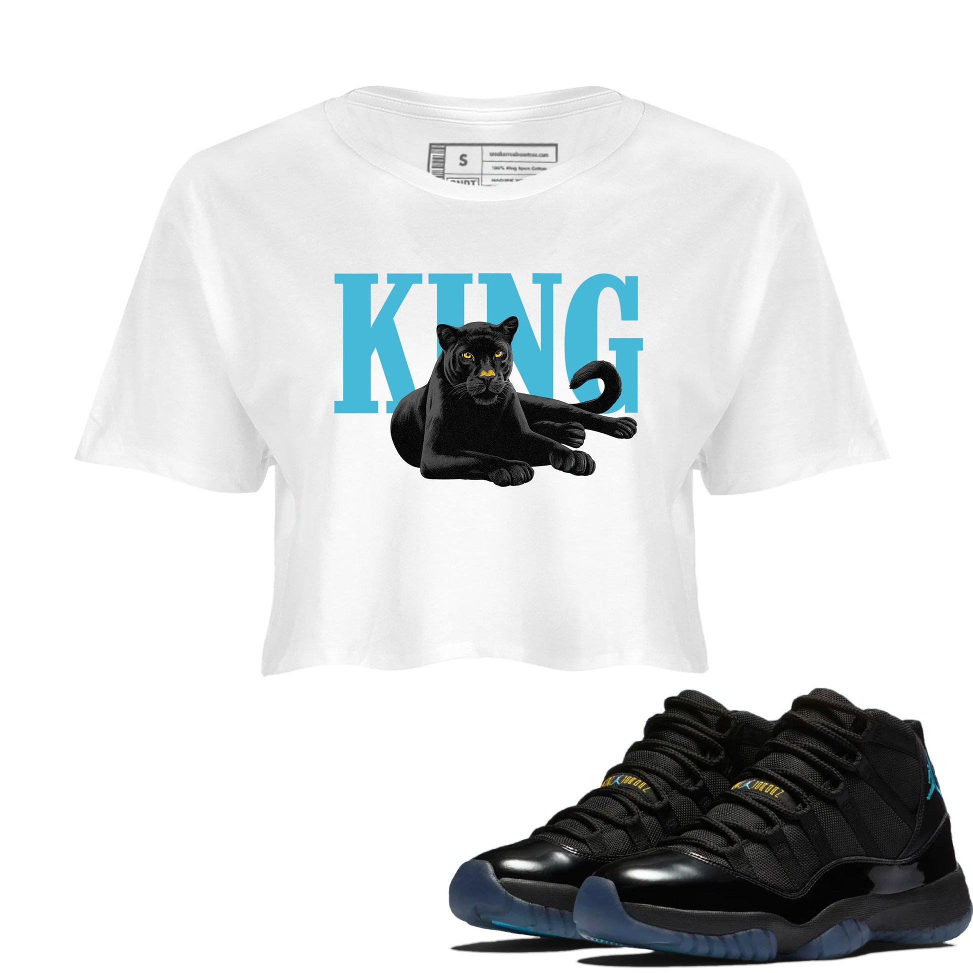 Sneaker match tees – Sneaker Tees To Match Air Jordan 11 Gamma Shoes – King Black Cat Crop T-Shirt White 1