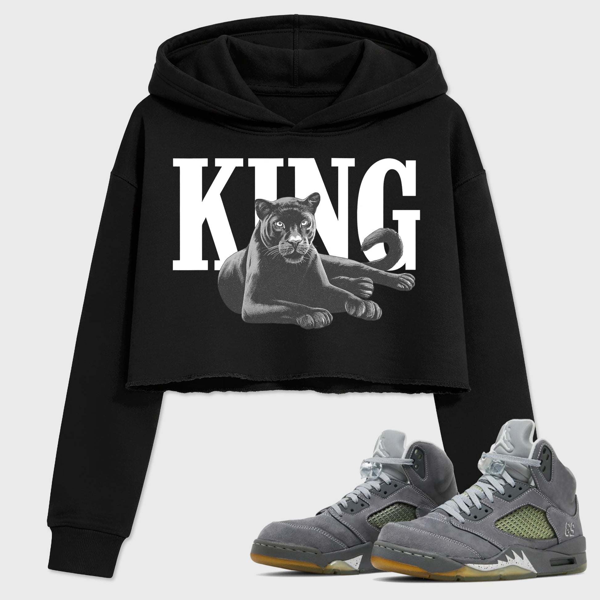 Sneaker outfits graphic tee – Sneaker Tees To Match Air Jordan 5 Wolf Grey Sneakers – King Black Cat Crop T-Shirt Black 1