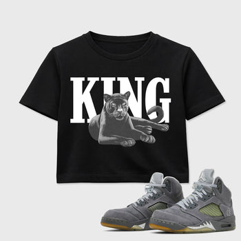 Sneaker outfits graphic tee – Sneaker Tees To Match Air Jordan 5 Wolf Grey Sneakers – King Black Cat Crop T-Shirt Black 1