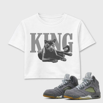 Sneaker outfits graphic tee – Sneaker Tees To Match Air Jordan 5 Wolf Grey Sneakers – King Black Cat Crop T-Shirt White 1
