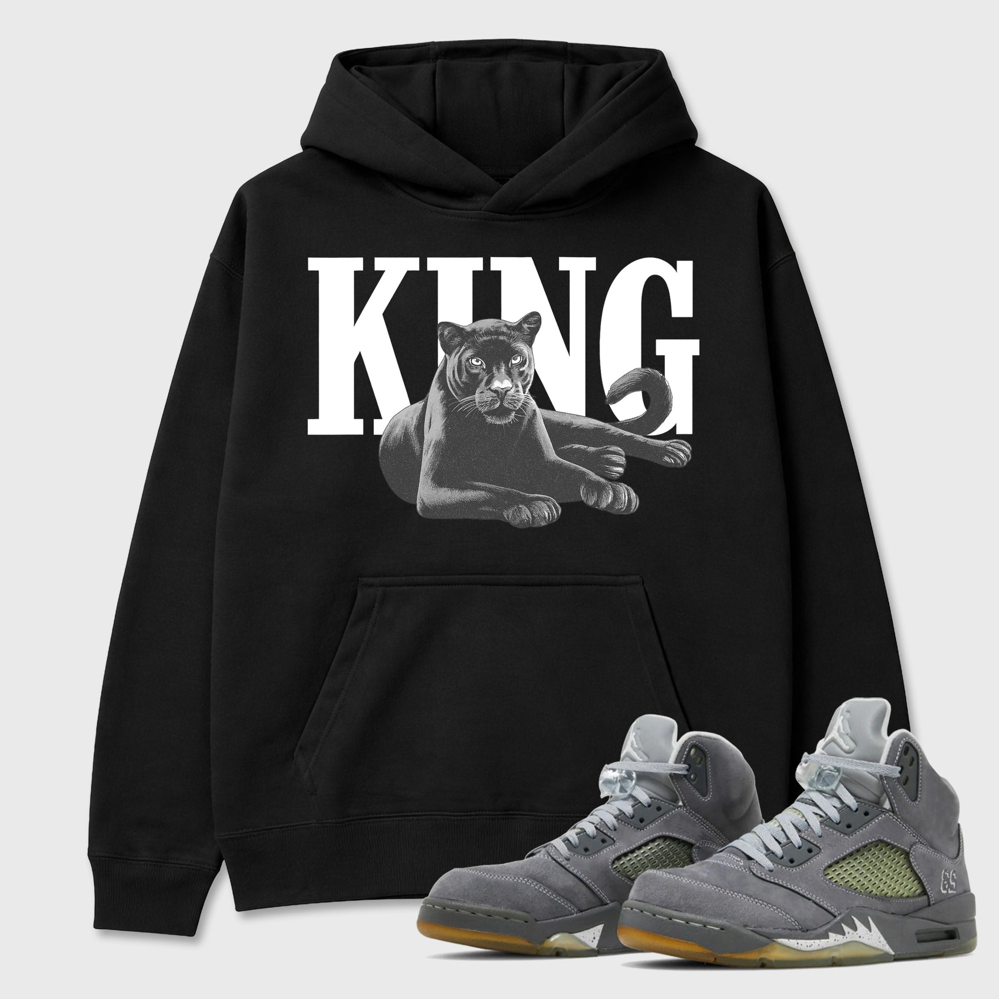 Sneaker outfits graphic tee – Sneaker Tees To Match Air Jordan 5 Wolf Grey Sneakers – King Black Cat Tee Black 1