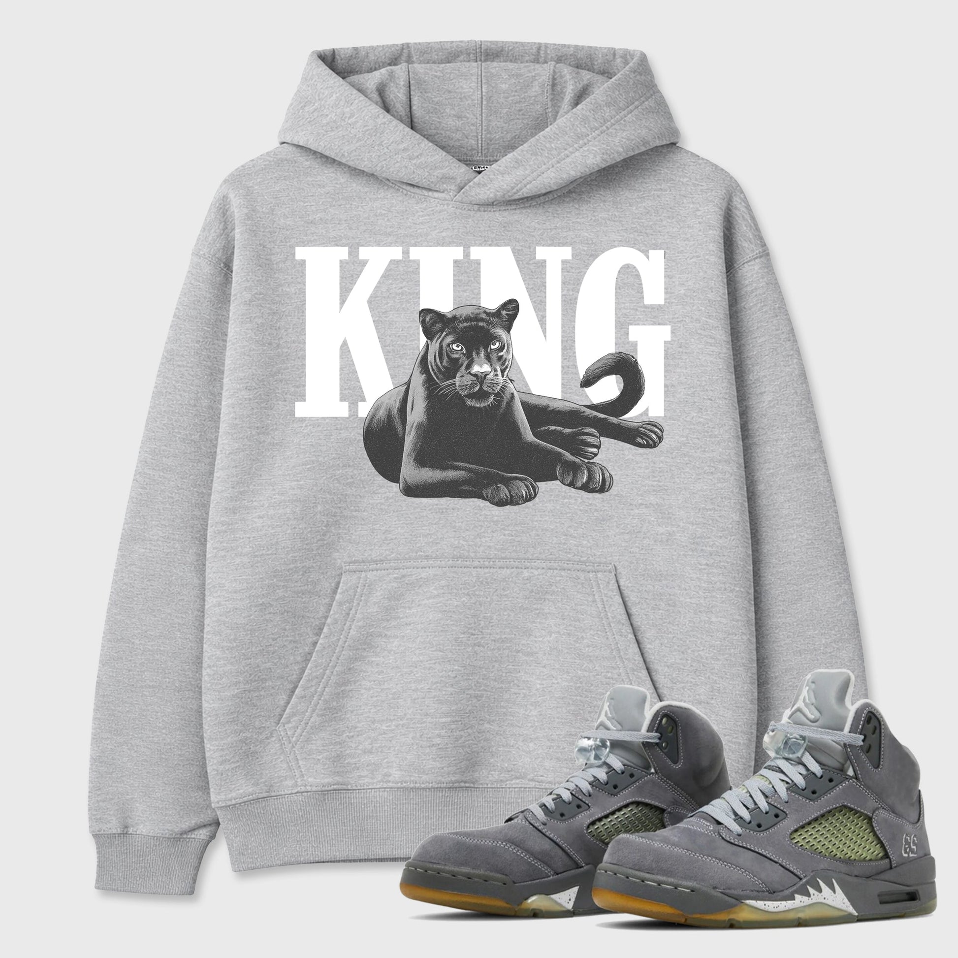 Sneaker outfits graphic tee – Sneaker Tees To Match Air Jordan 5 Wolf Grey Sneakers – King Black Cat Tee Heather Grey 1
