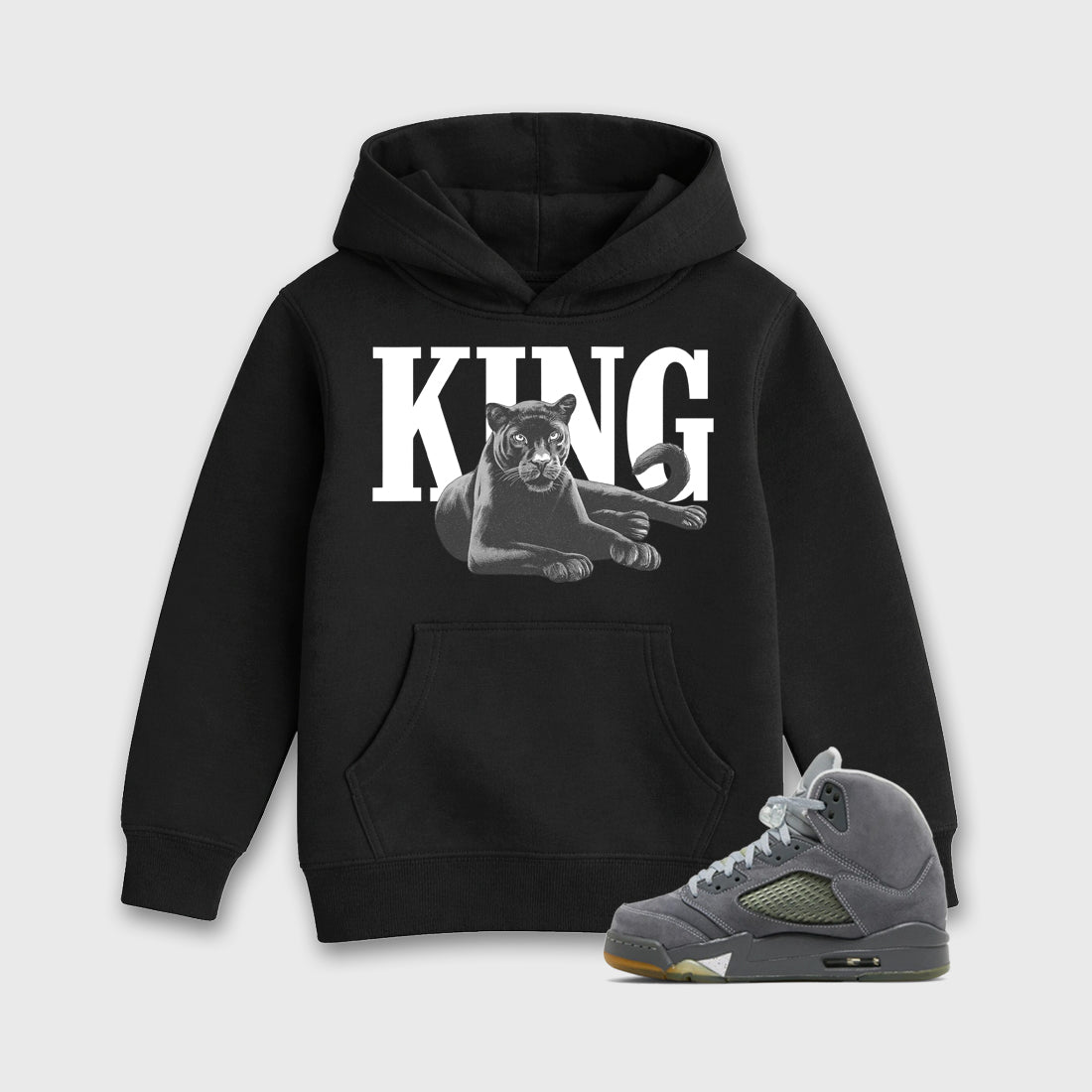 Sneaker outfits graphic tee – Sneaker Tees To Match Air Jordan 5 Wolf Grey Sneakers – King Black Cat Kids T-Shirt Black 1