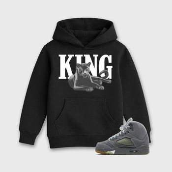 Sneaker outfits graphic tee – Sneaker Tees To Match Air Jordan 5 Wolf Grey Sneakers – King Black Cat Kids T-Shirt Black 1