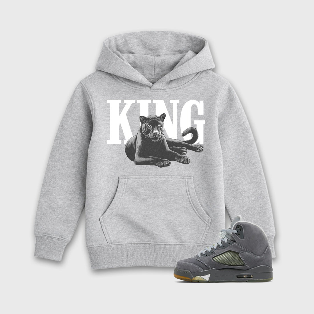 Sneaker outfits graphic tee – Sneaker Tees To Match Air Jordan 5 Wolf Grey Sneakers – King Black Cat Kids T-Shirt Heather Grey 1