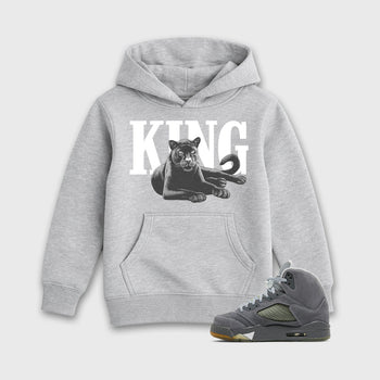 Sneaker outfits graphic tee – Sneaker Tees To Match Air Jordan 5 Wolf Grey Sneakers – King Black Cat Kids T-Shirt Heather Grey 1