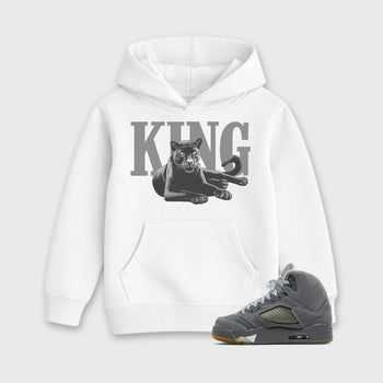 Sneaker outfits graphic tee – Sneaker Tees To Match Air Jordan 5 Wolf Grey Sneakers – King Black Cat Kids T-Shirt White 1