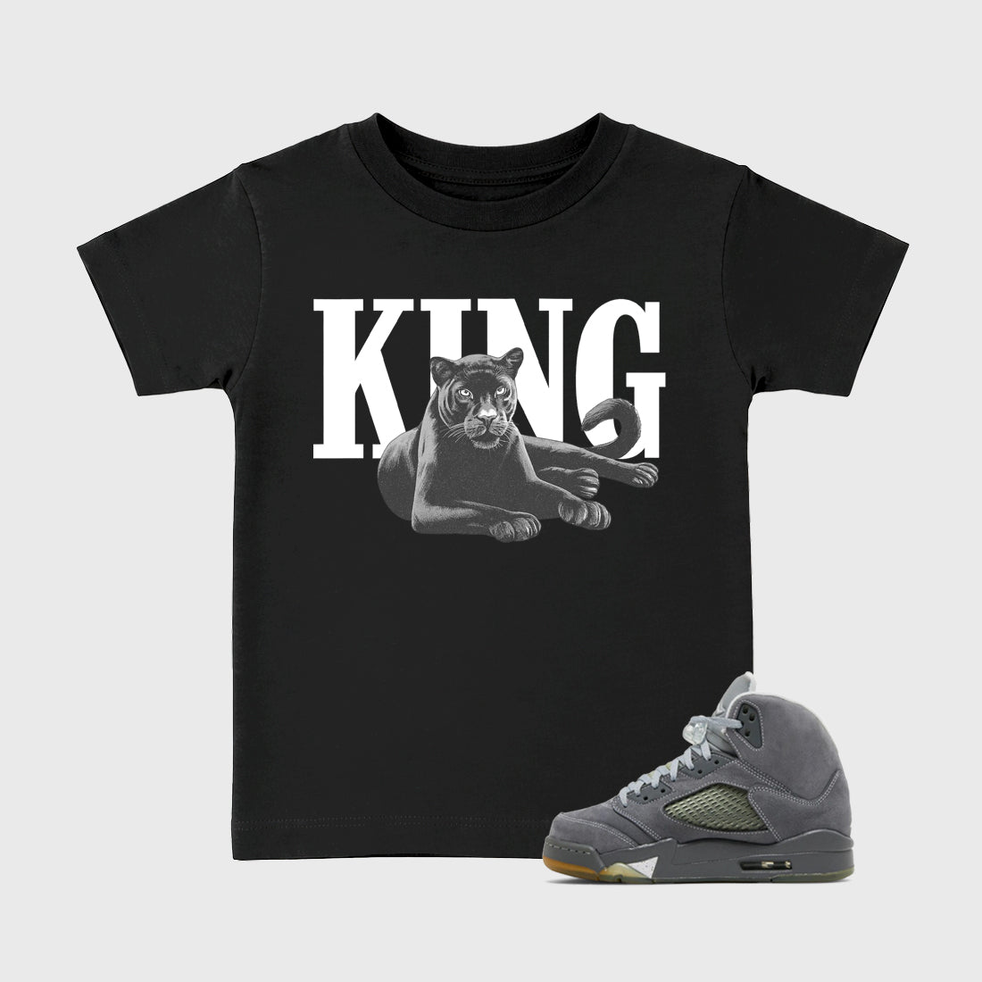 Sneaker outfits graphic tee – Sneaker Tees To Match Air Jordan 5 Wolf Grey Sneakers – King Black Cat Kids T-Shirt Black 1