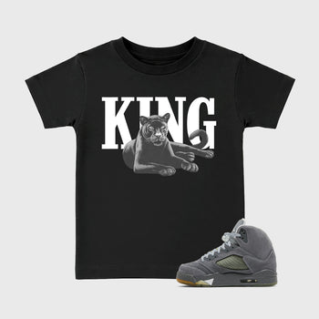 Sneaker outfits graphic tee – Sneaker Tees To Match Air Jordan 5 Wolf Grey Sneakers – King Black Cat Kids T-Shirt Black 1