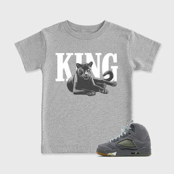 Sneaker outfits graphic tee – Sneaker Tees To Match Air Jordan 5 Wolf Grey Sneakers – King Black Cat Kids T-Shirt Heather Grey 1