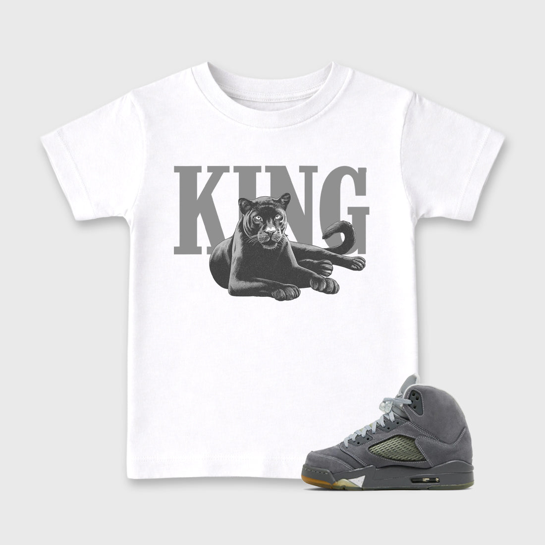 Sneaker outfits graphic tee – Sneaker Tees To Match Air Jordan 5 Wolf Grey Sneakers – King Black Cat Kids T-Shirt White 1