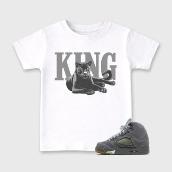 Sneaker outfits graphic tee – Sneaker Tees To Match Air Jordan 5 Wolf Grey Sneakers – King Black Cat Kids T-Shirt White 1