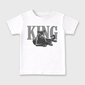 Sneaker outfits graphic tee – Sneaker Tees To Match Air Jordan 5 Wolf Grey Sneakers – King Black Cat Kids T-Shirt White 2