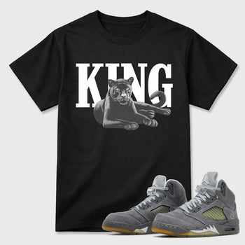 Sneaker outfits graphic tee – Sneaker Tees To Match Air Jordan 5 Wolf Grey Sneakers – King Black Cat Tee Black 1