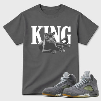 Sneaker outfits graphic tee – Sneaker Tees To Match Air Jordan 5 Wolf Grey Sneakers – King Black Cat Tee Cool Grey 1