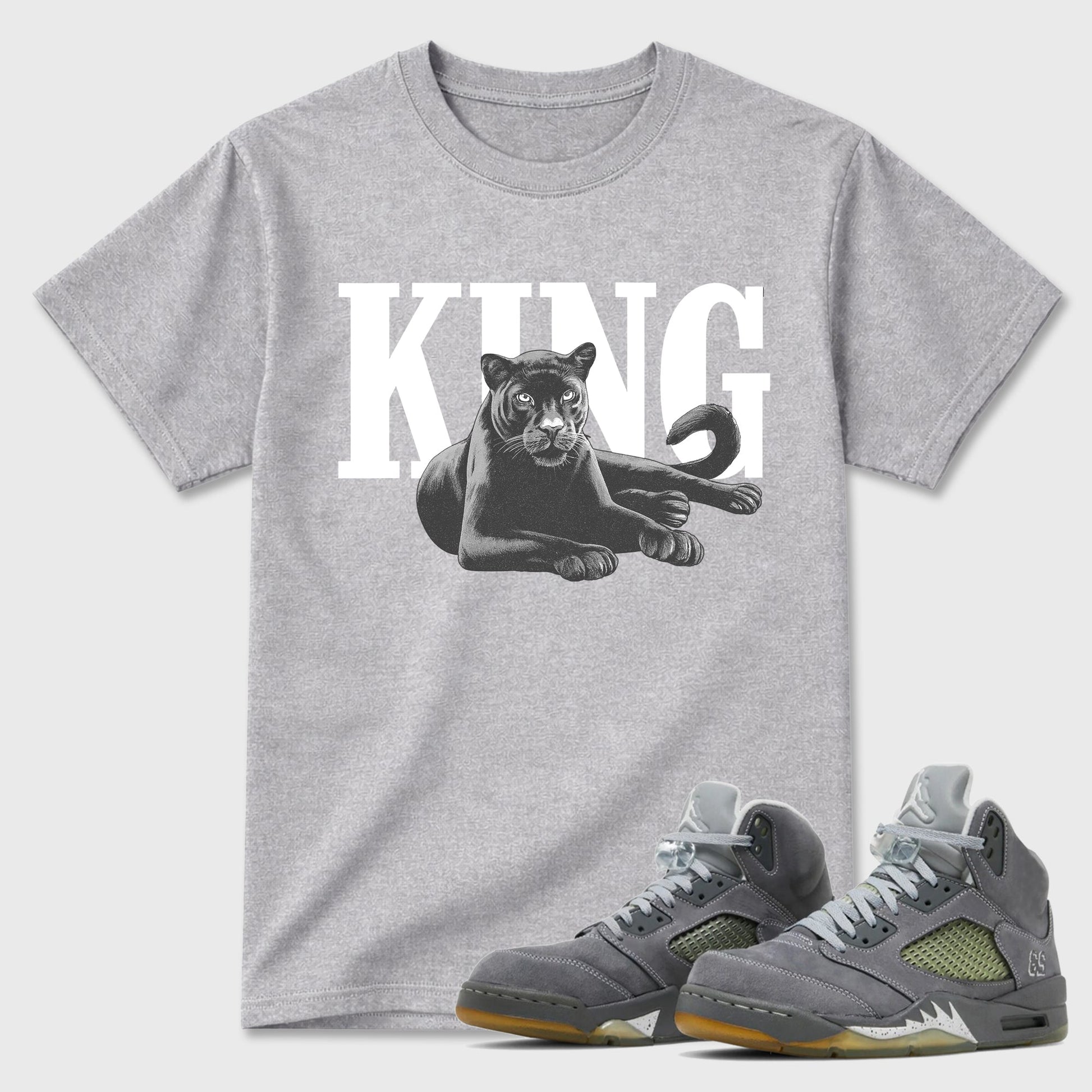 Sneaker outfits graphic tee – Sneaker Tees To Match Air Jordan 5 Wolf Grey Sneakers – King Black Cat Tee Heather Grey 1