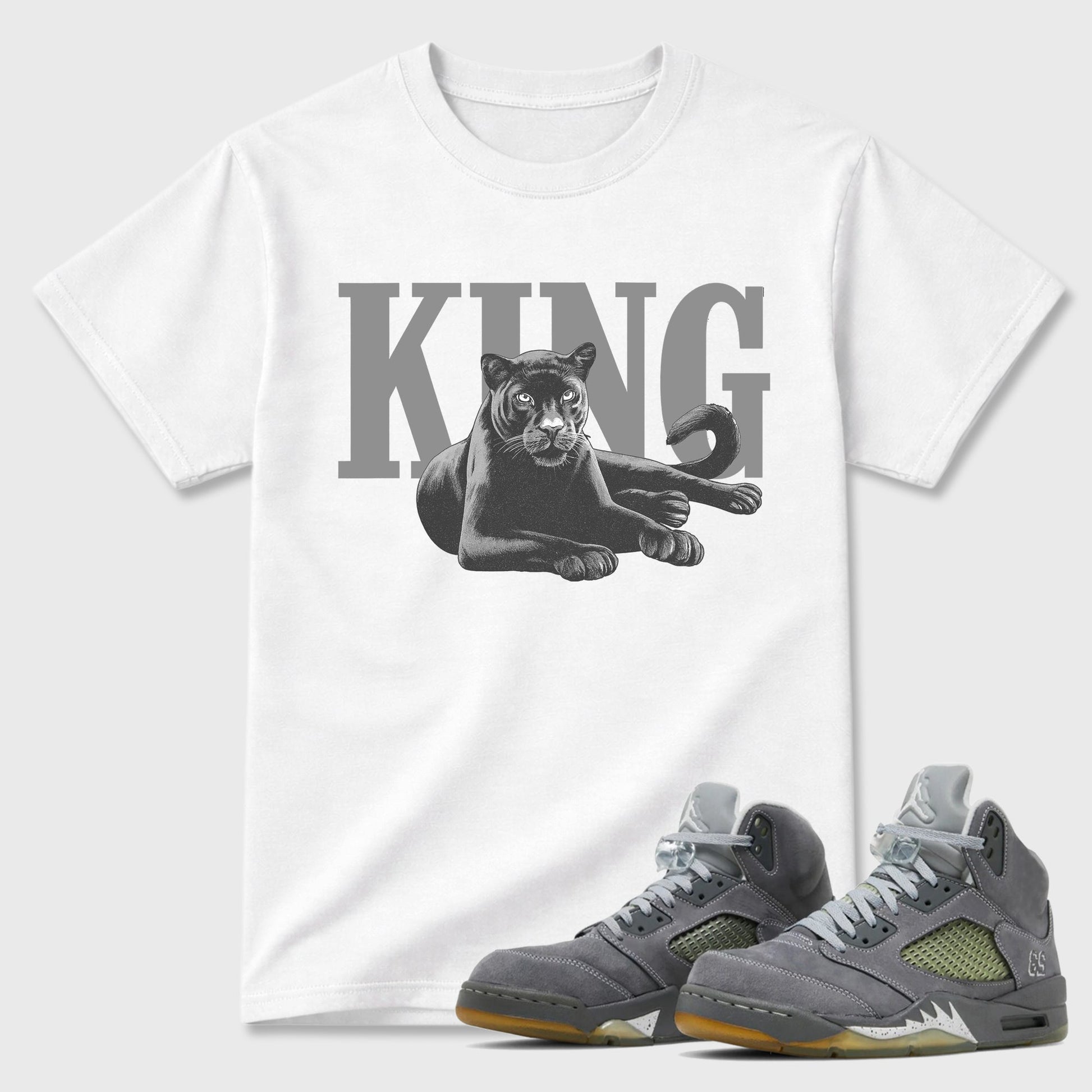 Sneaker outfits graphic tee – Sneaker Tees To Match Air Jordan 5 Wolf Grey Sneakers – King Black Cat Tee White 1
