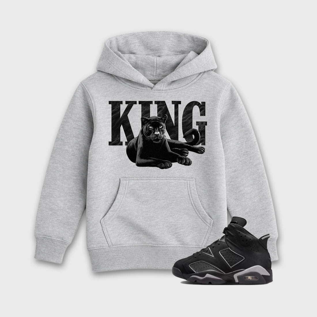 Sneaker match tees – Sneaker Tees To Match Air Jordan 6 Cap and Gown Shoes – King Black Cat Kids T-Shirt Heather Grey 1