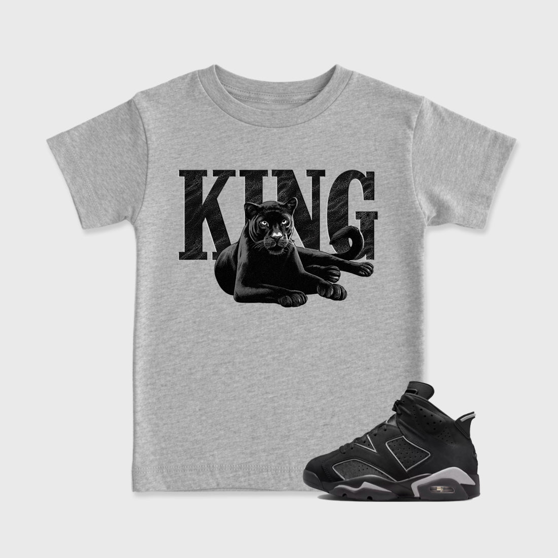 Sneaker match tees – Sneaker Tees To Match Air Jordan 6 Cap and Gown Shoes – King Black Cat Kids T-Shirt Heather Grey 1