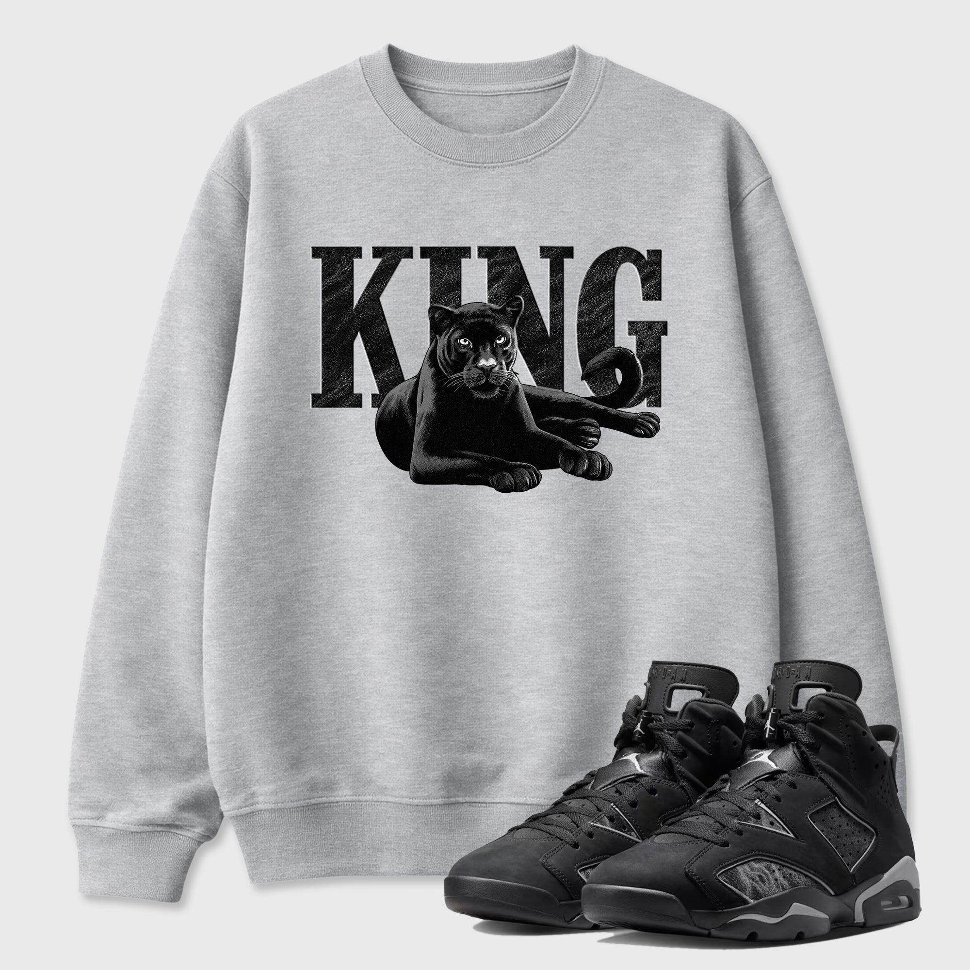 Sneaker match tees – Sneaker Tees To Match Air Jordan 6 Cap and Gown Shoes – King Black Cat Tee Heather Grey 1