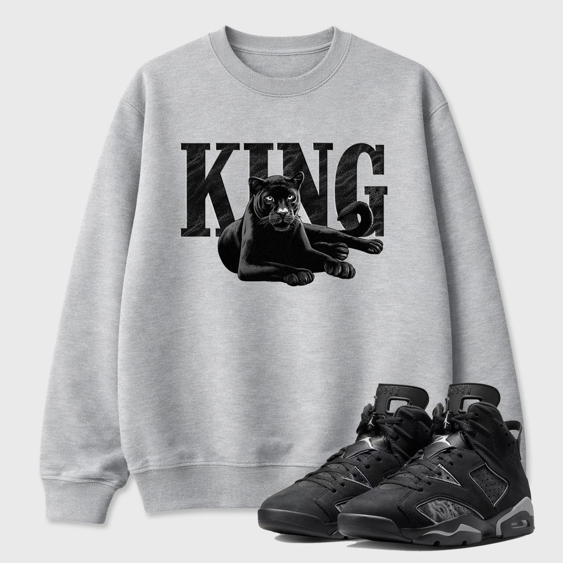 Sneaker match tees – Sneaker Tees To Match Air Jordan 6 Cap and Gown Shoes – King Black Cat Tee Heather Grey 1