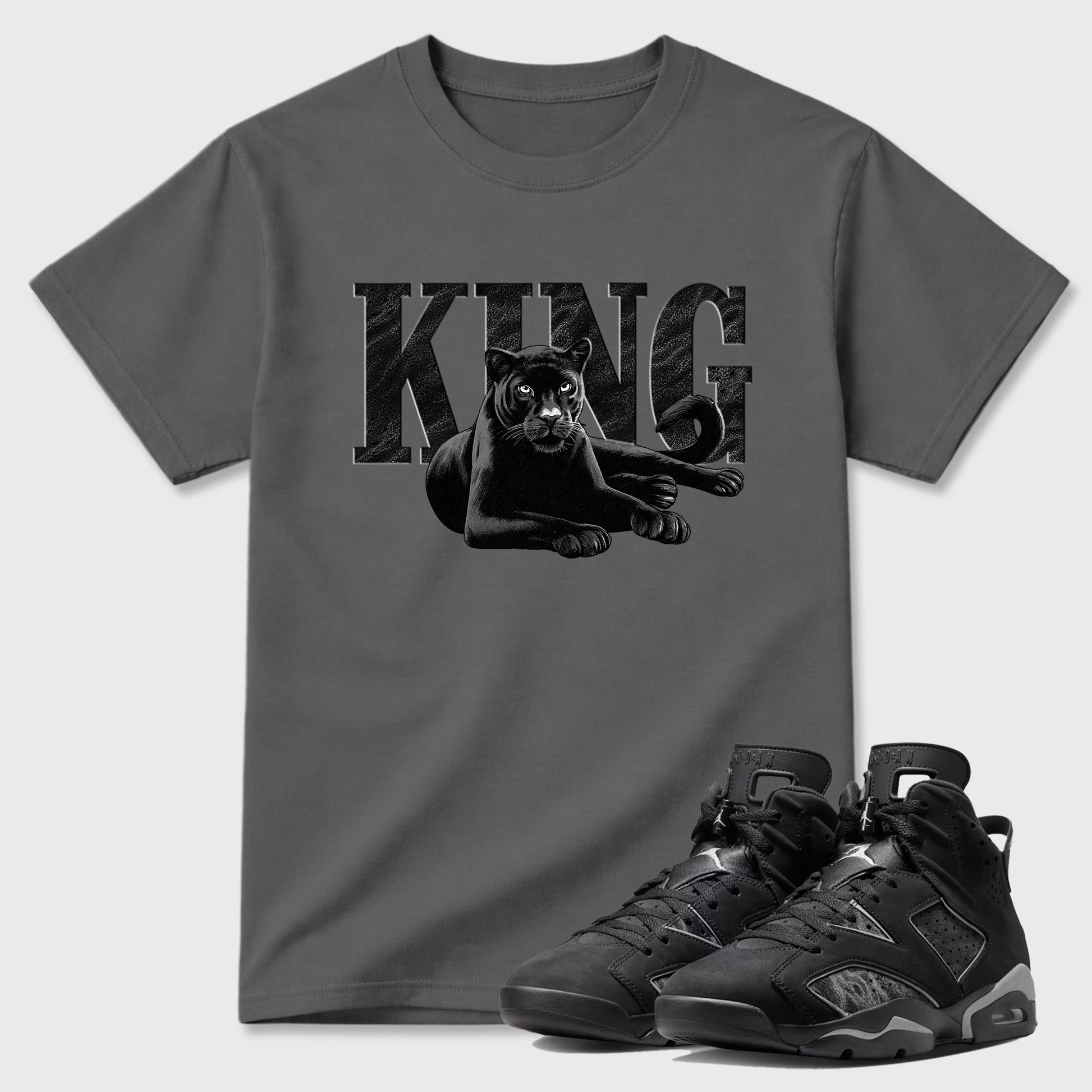 Sneaker match tees – Sneaker Tees To Match Air Jordan 6 Cap and Gown Shoes – King Black Cat Tee Cool Grey 1