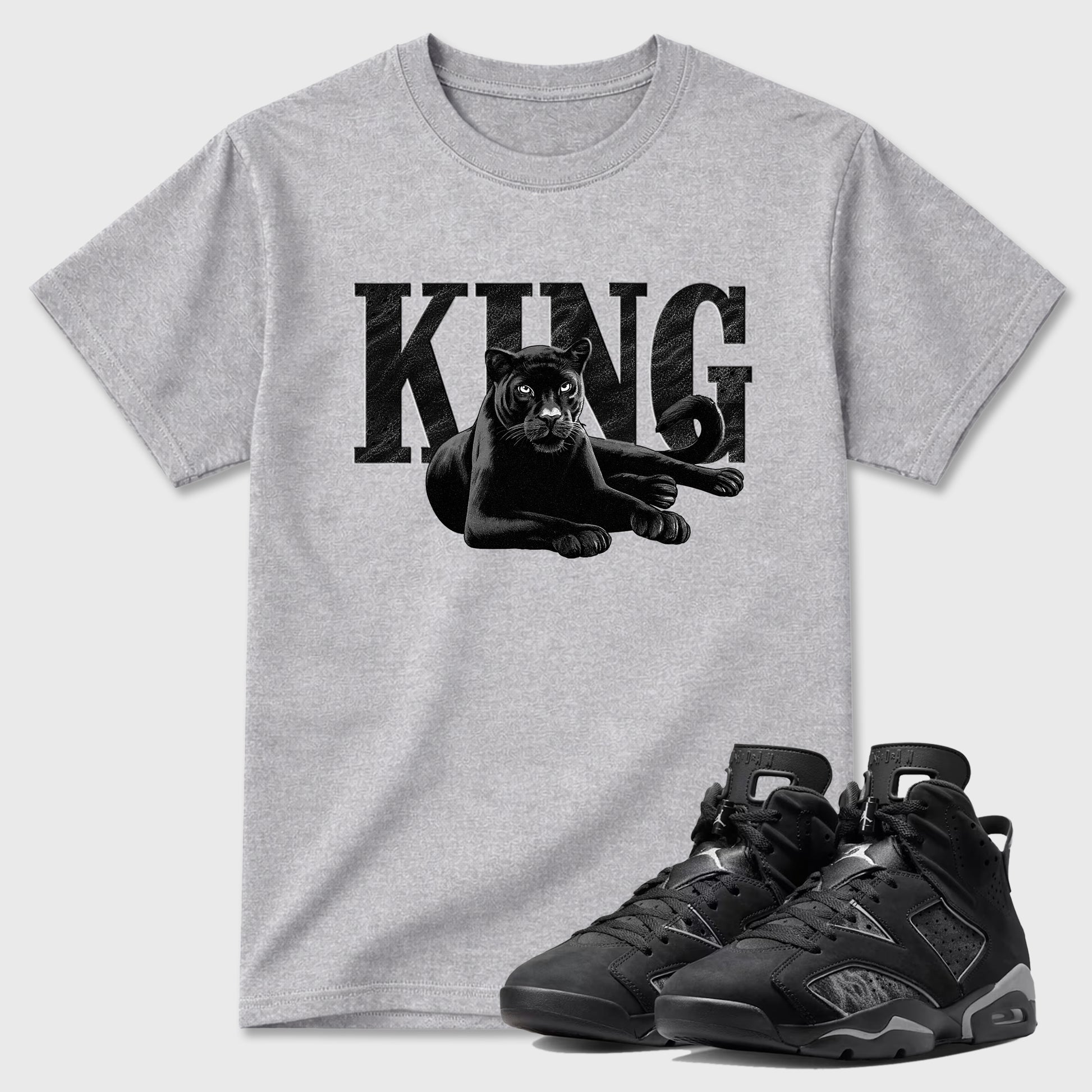 Sneaker match tees – Sneaker Tees To Match Air Jordan 6 Cap and Gown Shoes – King Black Cat Tee Heather Grey 1