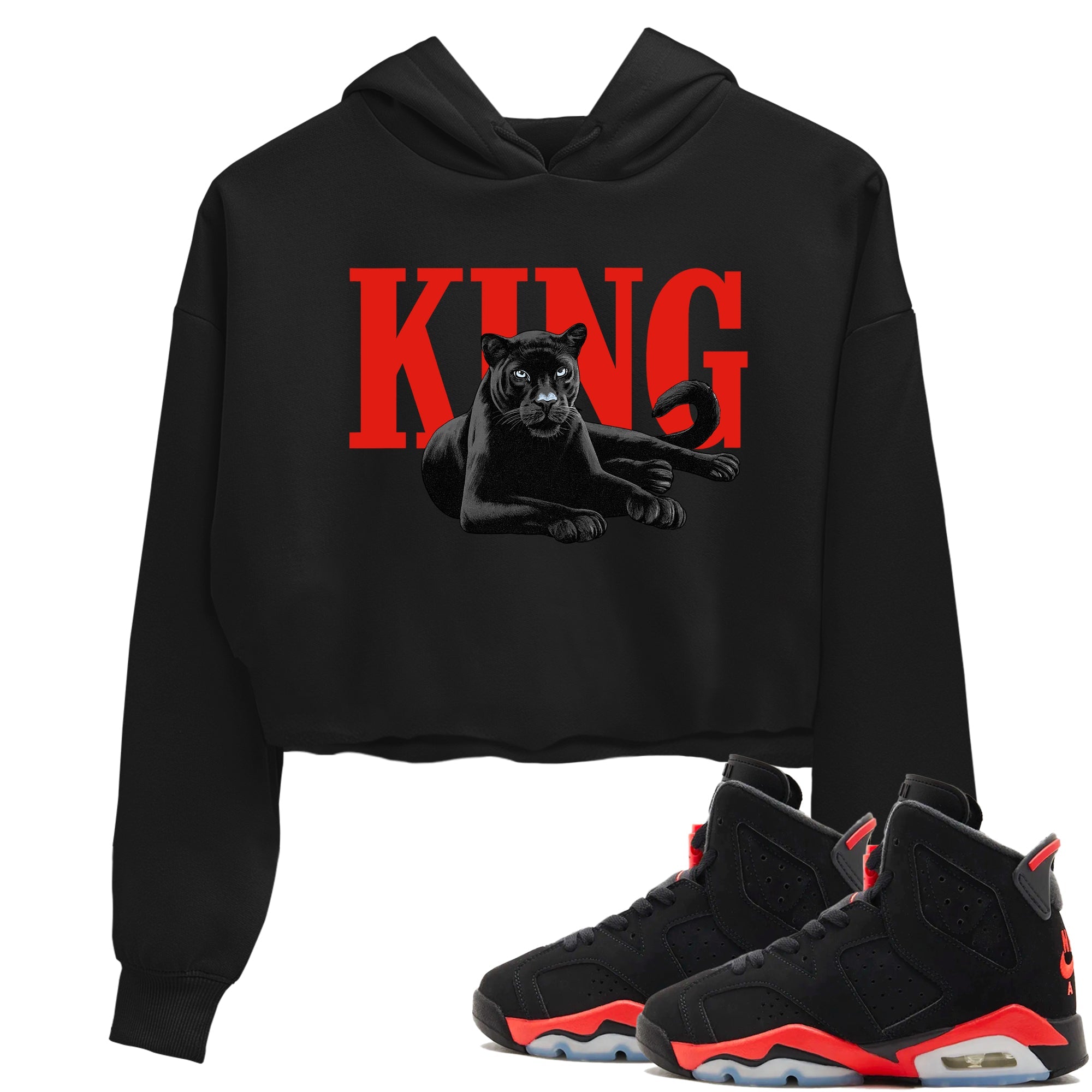 Perfect Valentine's Day Gifts graphic tee  – Sneaker Tees To Match Air Jordan 6 Reverse Infrared – King Black Cat Crop T-Shirt Black 1
