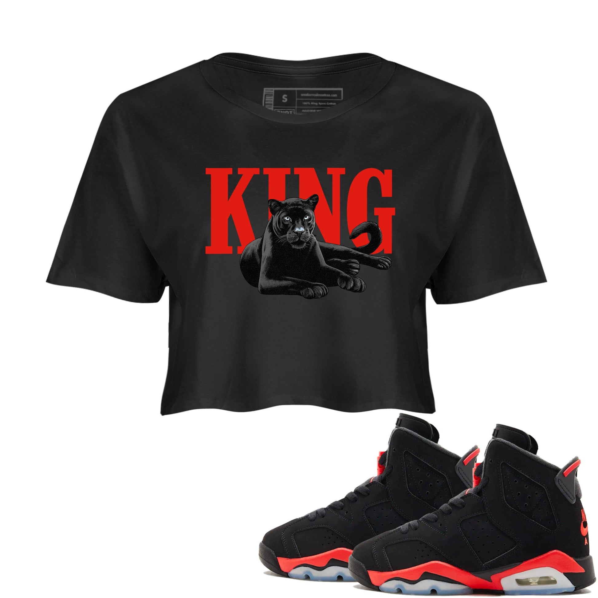Perfect Valentine's Day Gifts graphic tee  – Sneaker Tees To Match Air Jordan 6 Reverse Infrared – King Black Cat Crop T-Shirt Black 1