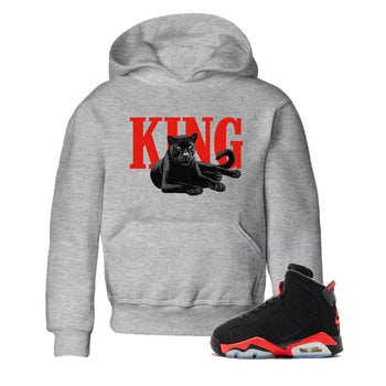 Perfect Valentine's Day Gifts graphic tee  – Sneaker Tees To Match Air Jordan 6 Reverse Infrared – King Black Cat Kids Graphic T-Shirt Heather Grey 1