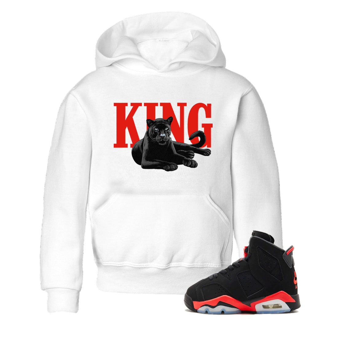 Perfect Valentine's Day Gifts graphic tee  – Sneaker Tees To Match Air Jordan 6 Reverse Infrared – King Black Cat Kids Graphic T-Shirt White 1