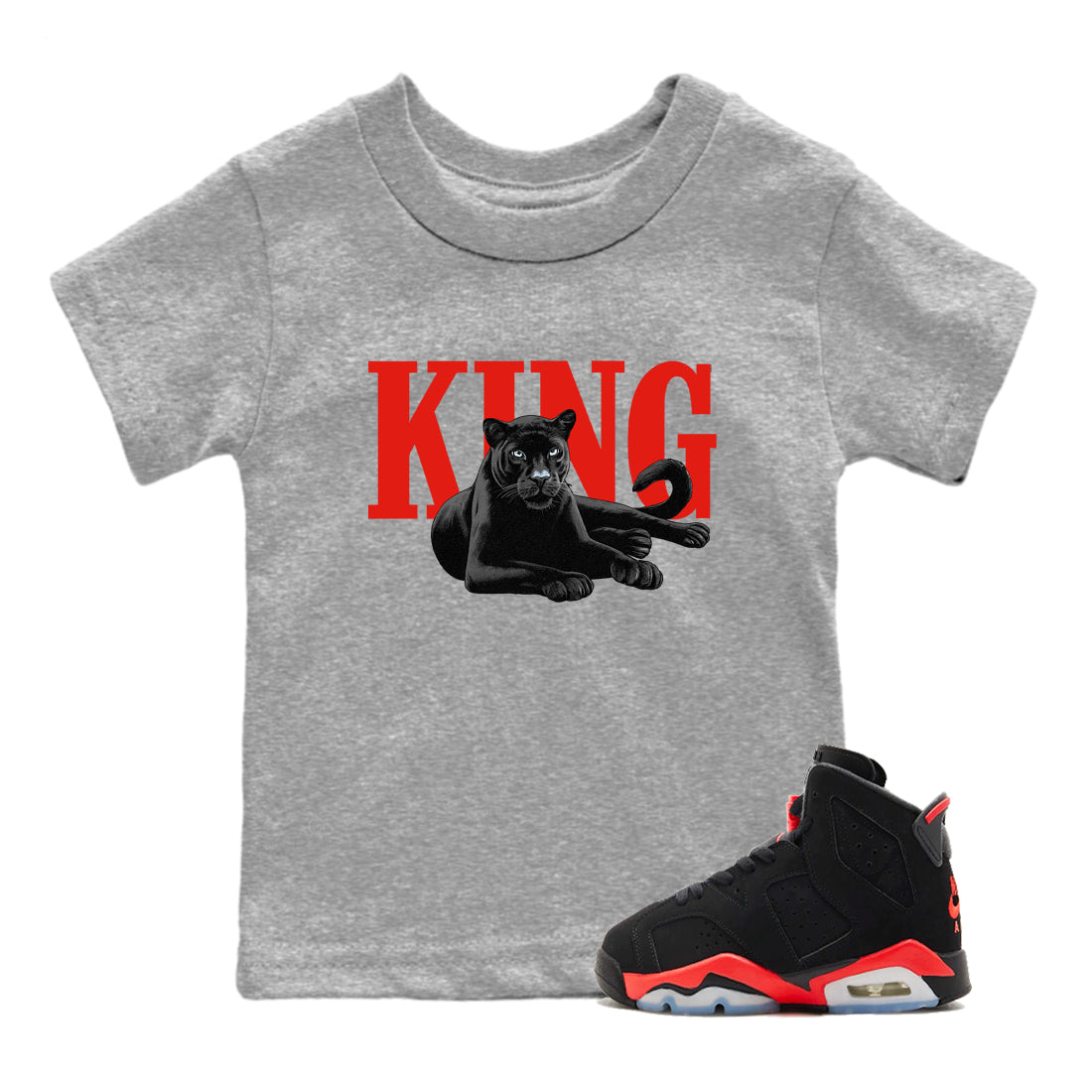 Perfect Valentine's Day Gifts graphic tee  – Sneaker Tees To Match Air Jordan 6 Reverse Infrared – King Black Cat Kids Graphic T-Shirt Heather Grey 1
