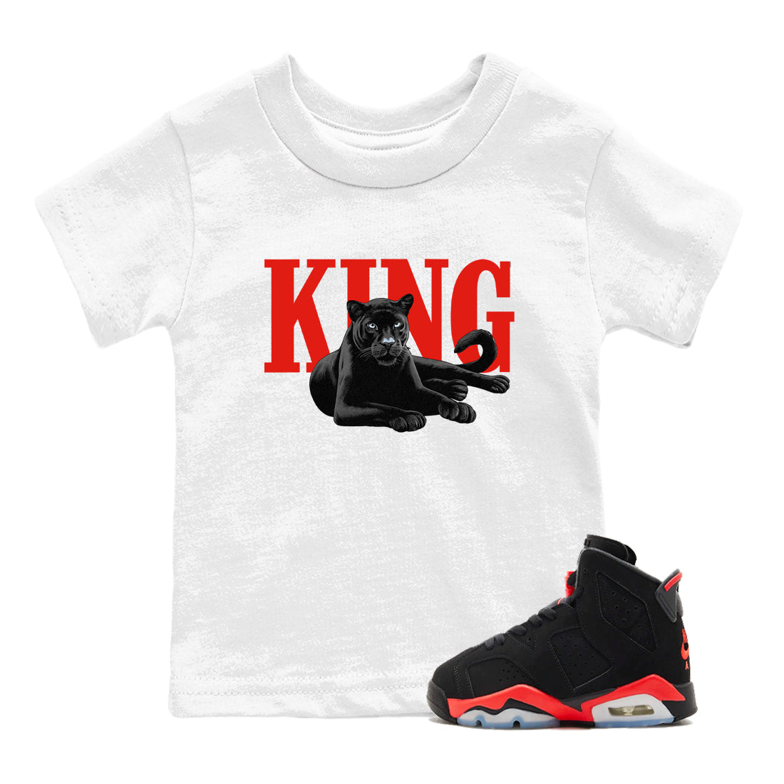 Perfect Valentine's Day Gifts graphic tee  – Sneaker Tees To Match Air Jordan 6 Reverse Infrared – King Black Cat Kids Graphic T-Shirt White 1