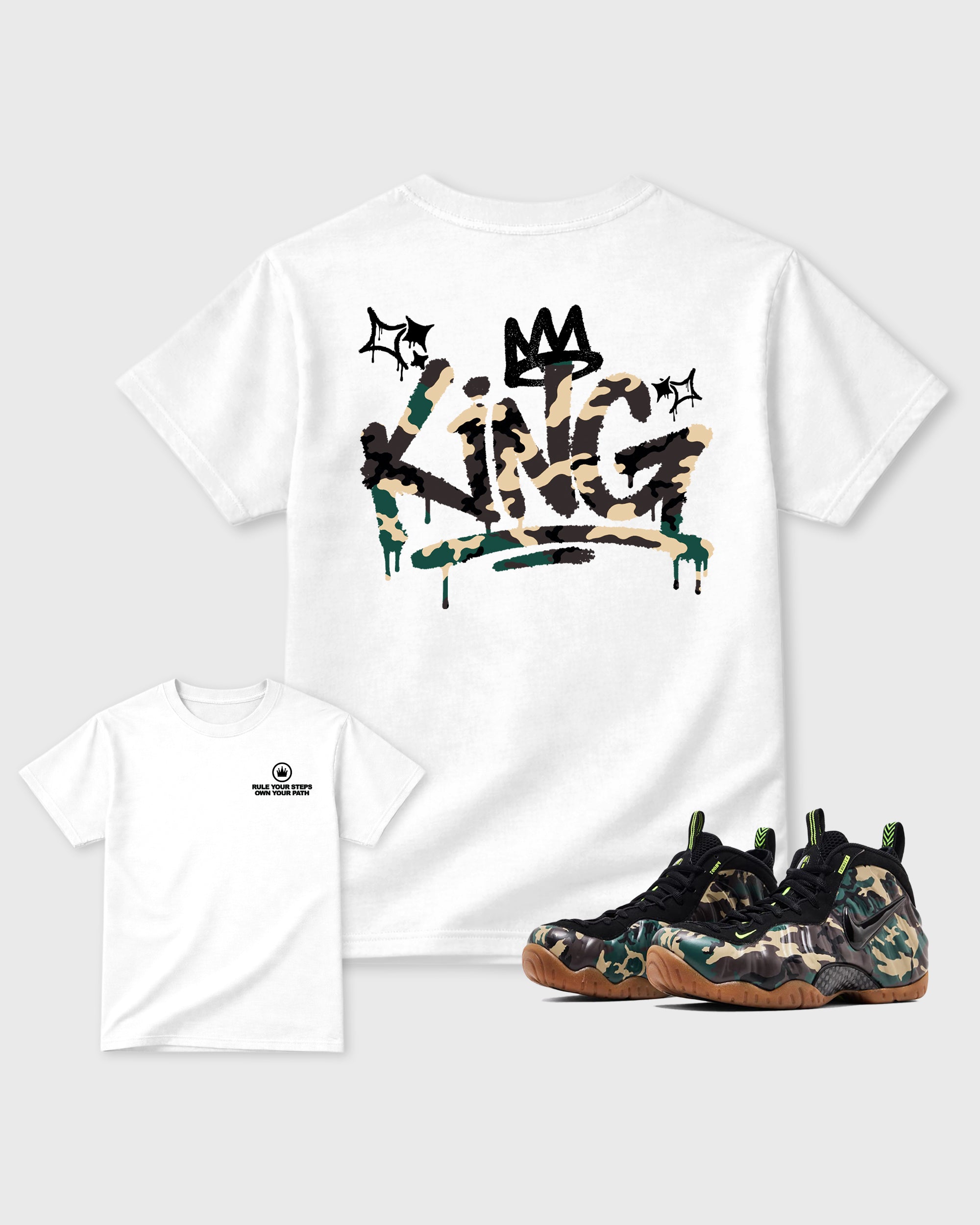 King Graffiti White Graphic T-Shirt - 1, sneaker matching tee designed to match Air Foamposite Pro Green Camo sneakers for a coordinated sneaker outfit.