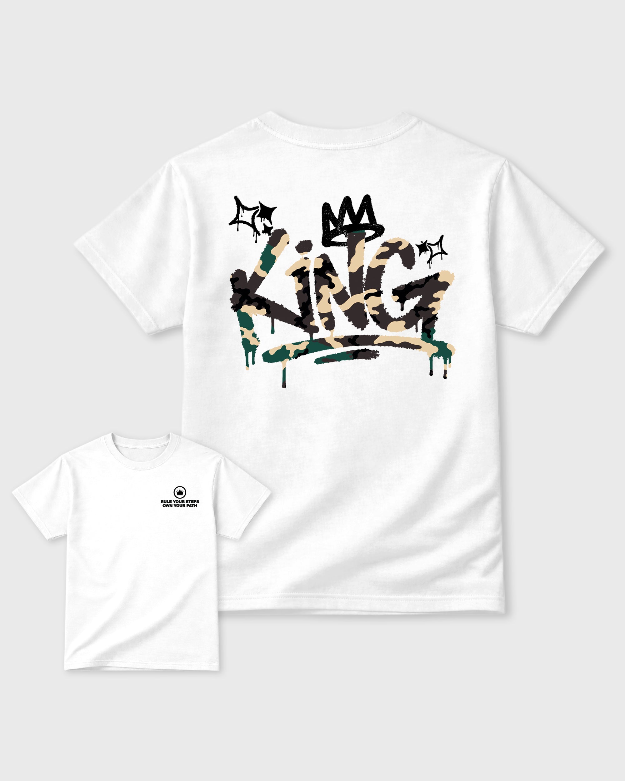 King Graffiti White Graphic T-Shirt - 3, sneaker matching shirt designed to pair with Air Foamposite Pro Green Camo sneakers for a coordinated streetwear outfit.