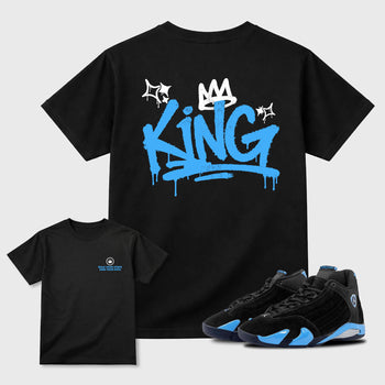 King Graffiti sneaker match t-shirt styled to complete your fit with the Air Jordan 14 University Blue sneakers, front and Back Graphic Tee, shown in Black.