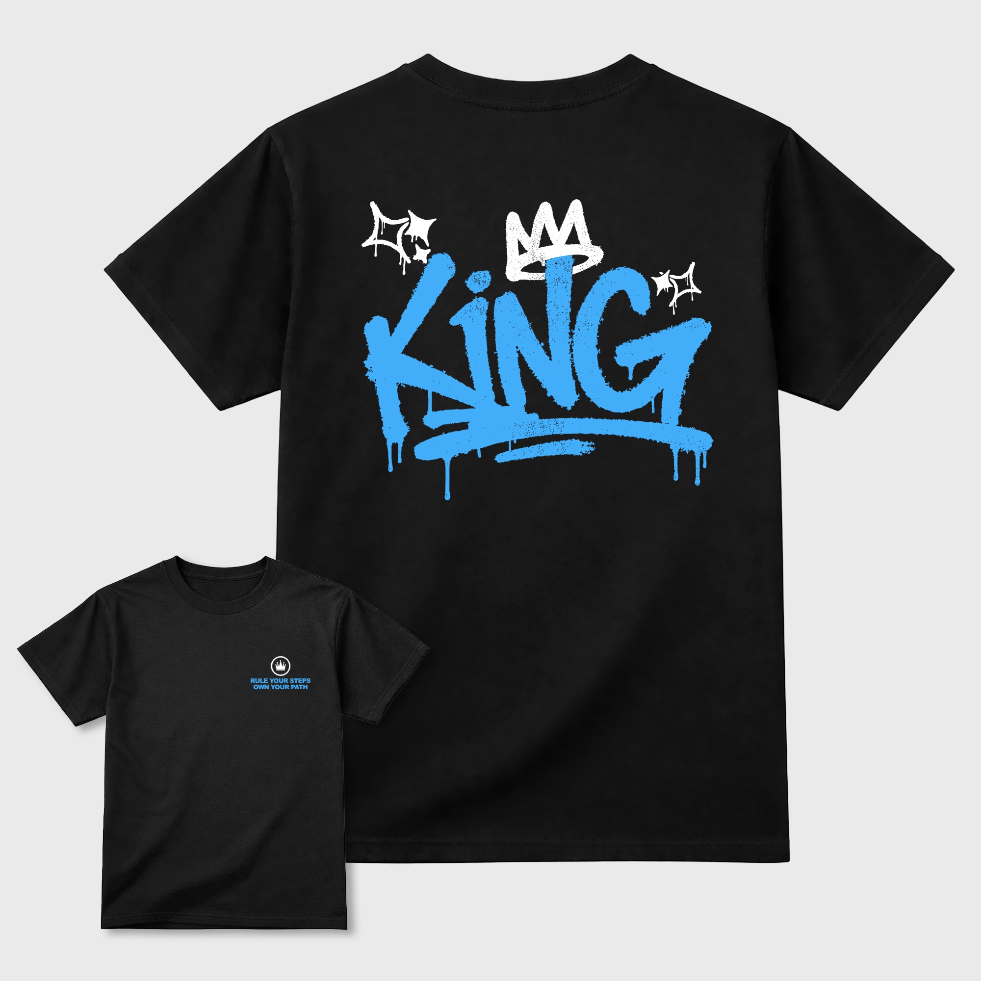 King Graffiti sneaker match t-shirt styled to complete your fit with the sneakers, front and Back Graphic Tee, shown in Black.
